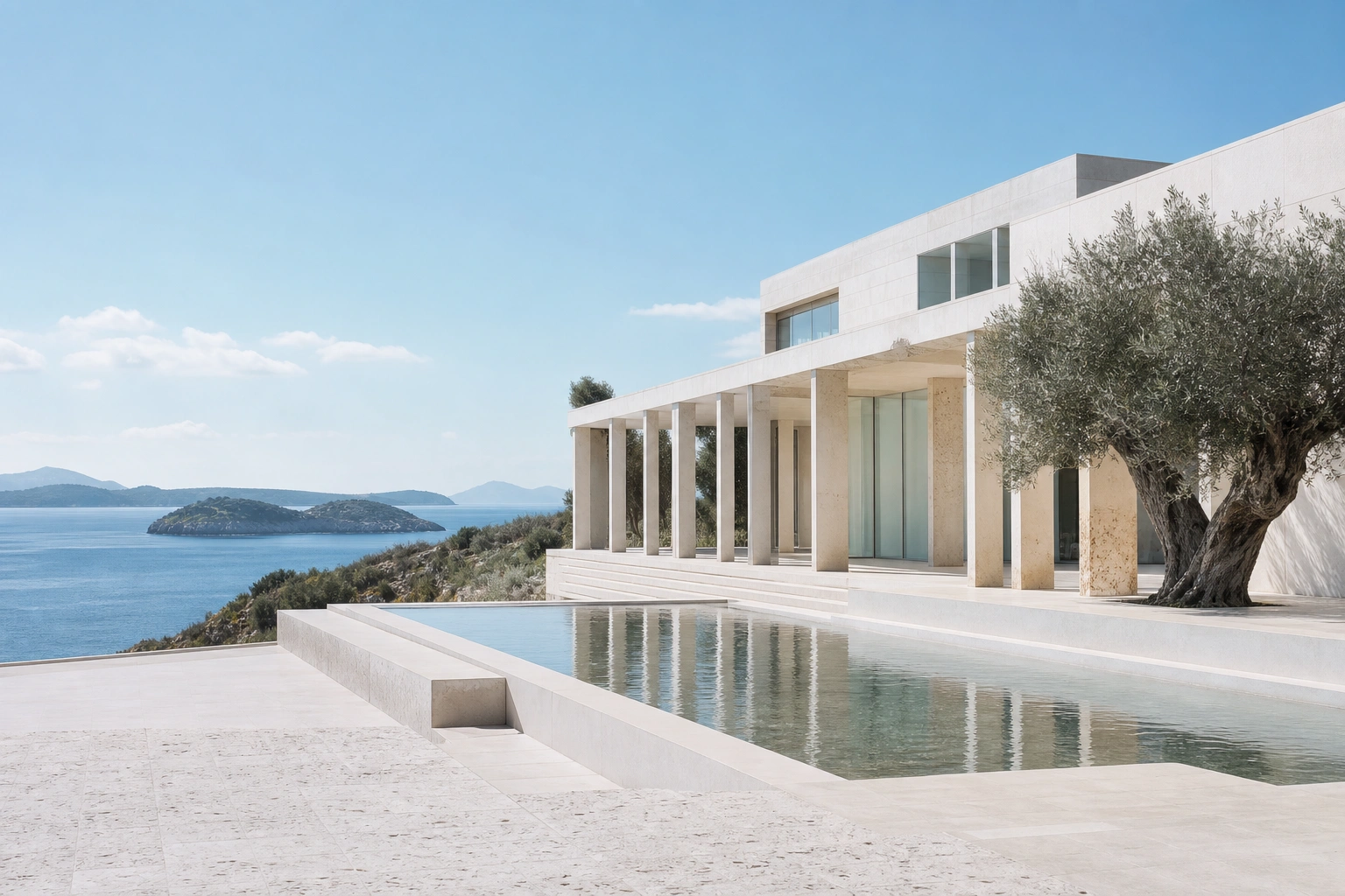 Pale stone research architecture beside a blue coastal horizon