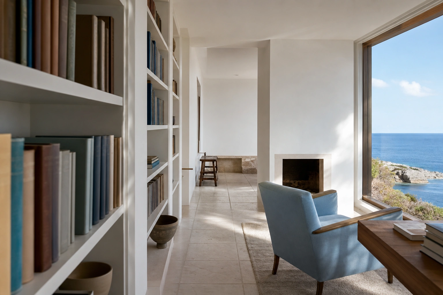 A coastal library with white shelving, pale-blue chairs, and a sea view