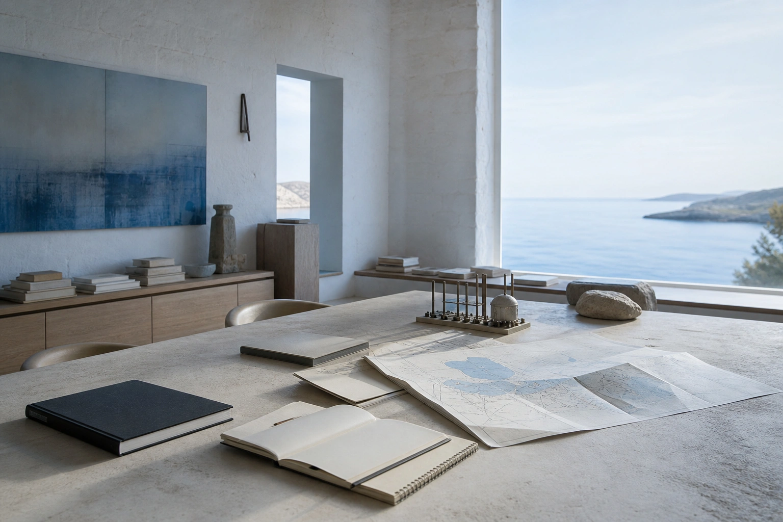 A bright blue-and-white research room with maps and an industrial model